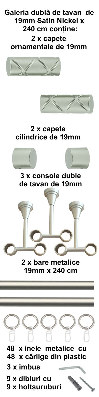 Galerie metalica Ciel dubla de tavan 19 mm, satin nichel (argintiu mat) - imagine 5