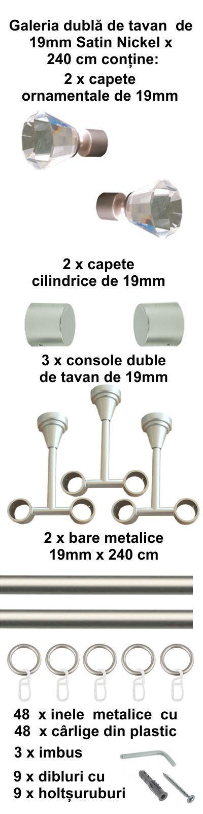 Galerie metalica Cristal dubla de tavan 19 mm, satin nichel (argintiu mat) - imagine 5