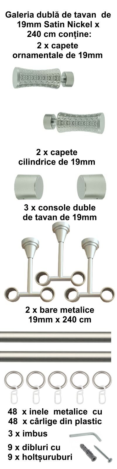Galerie metalica Jaris dubla de tavan 19 mm, satin nichel (argintiu mat) - imagine 5
