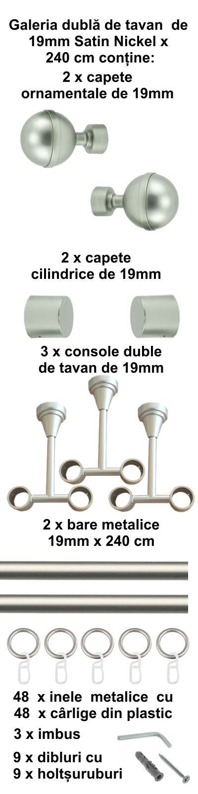 Galerie metalica Kalisto dubla de tavan 19 mm, satin nichel (argintiu mat) - imagine 4