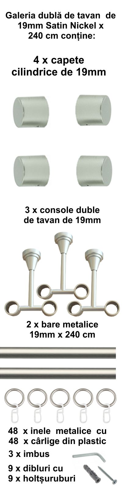 Galerie metalica Luna dubla de tavan 19 mm, satin nichel (argintiu mat) - imagine 5