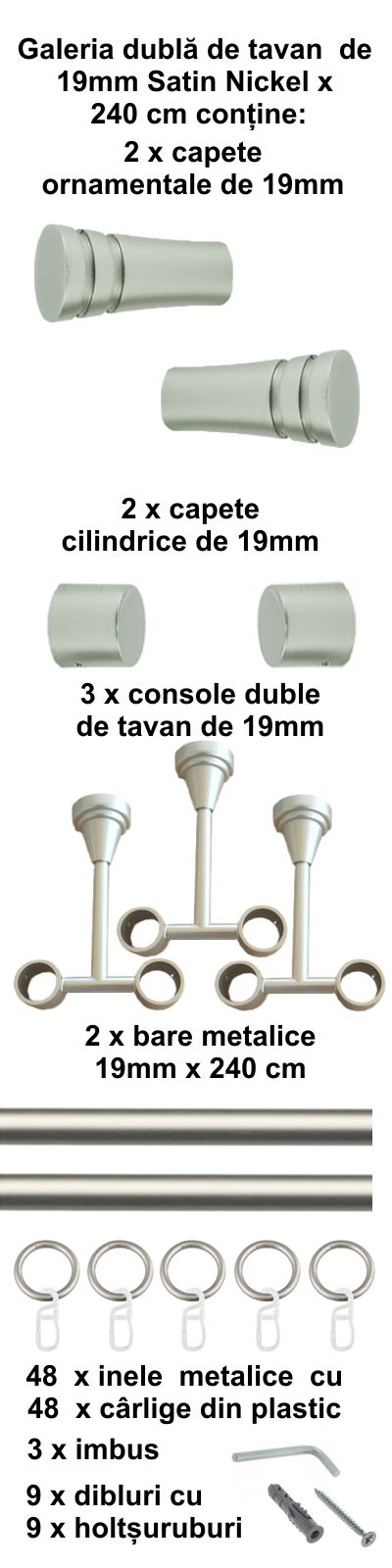 Galerie metalica Paola dubla de tavan 19 mm, satin nichel (argintiu mat) - imagine 5