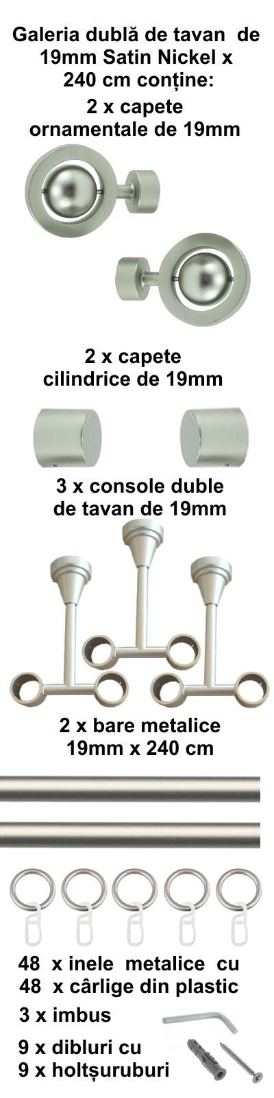 Galerie metalica Seti dubla de tavan 19 mm, satin nichel (argintiu mat) - imagine 5