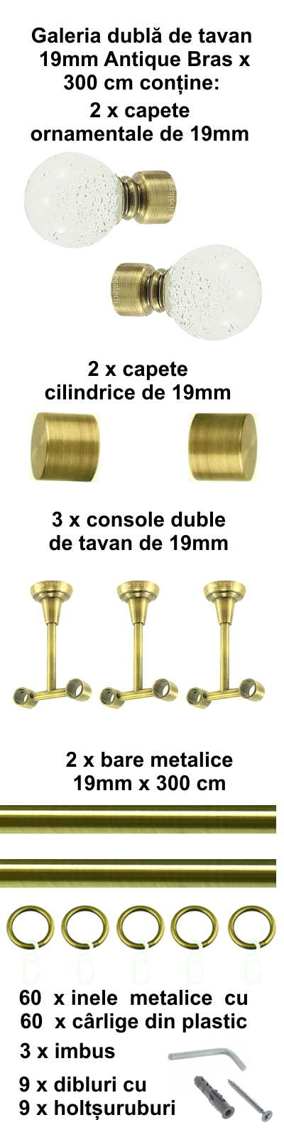 Galerie metalica Buble dubla de tavan 19 mm, antique brass (auriu antic) - imagine 5