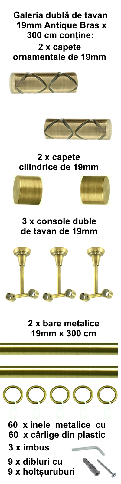 Galerie metalica Ciel dubla de tavan 19 mm, antique brass (auriu antic) - imagine 5