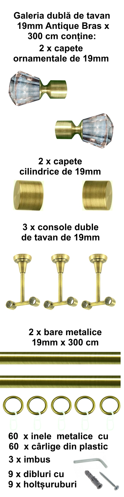 Galerie metalica Cristal dubla de tavan 19 mm, antique brass (auriu antic) - imagine 5