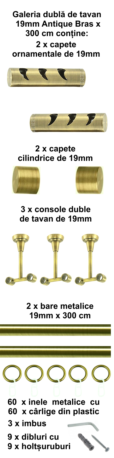 Galerie metalica Drop dubla de tavan 19 mm, antique brass (auriu antic) - imagine 5