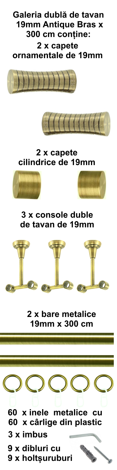Galerie metalica Febris dubla de tavan 19 mm, antique brass (auriu antic) - imagine 5