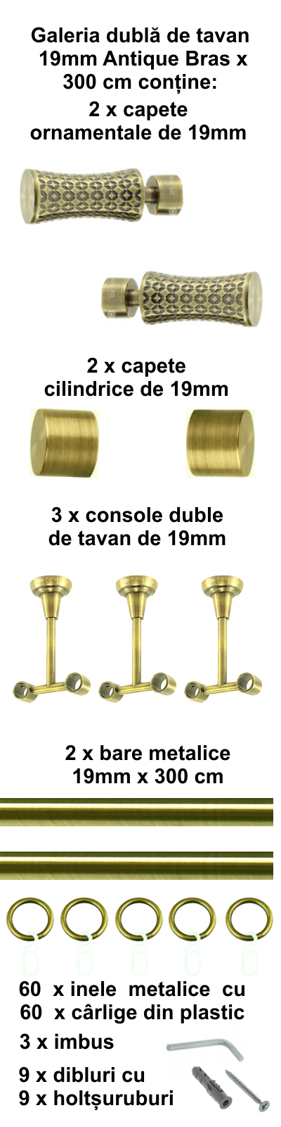 Galerie metalica Jaris dubla de tavan 19 mm, antique brass (auriu antic) - imagine 5