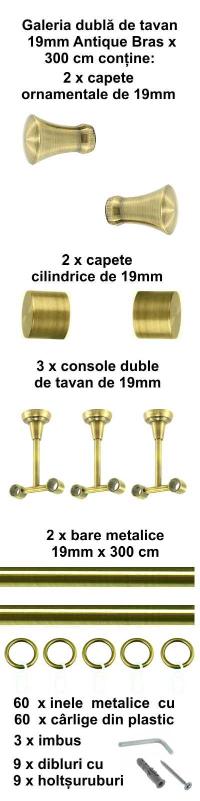 Galerie metalica Monaco dubla de tavan 19 mm, antique brass (auriu antic) - imagine 5