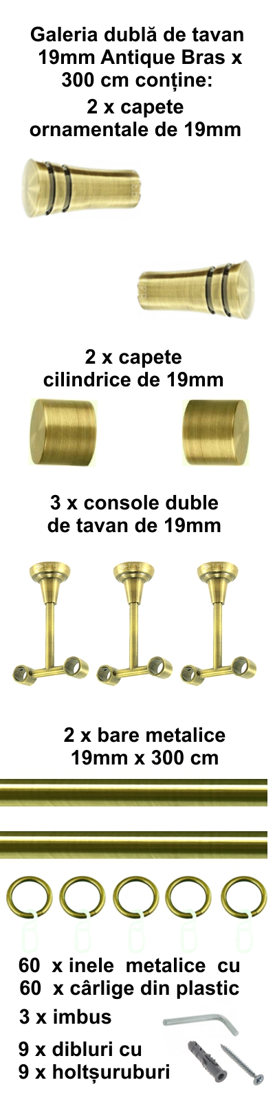 Galerie metalica Paola dubla de tavan 19 mm, antique brass (auriu antic) - imagine 5