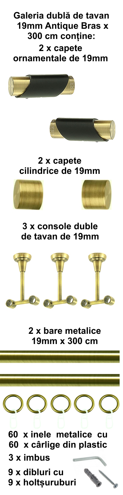 Galerie metalica Paris dubla de tavan 19 mm, antique brass (auriu antic) - imagine 5