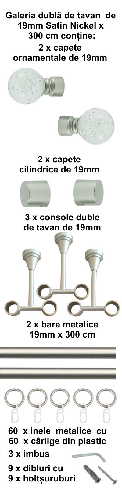 Galerie metalica Buble dubla de tavan 19 mm, satin nichel (argintiu mat) - imagine 6