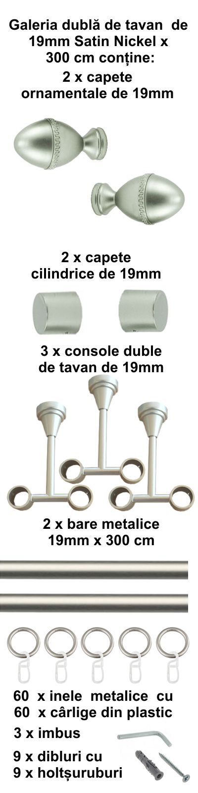 Galerie metalica Cezar dubla de tavan 19 mm, satin nichel (argintiu mat) - imagine 6