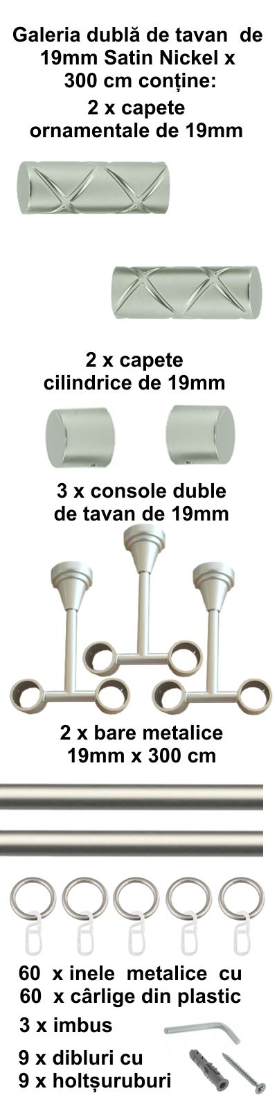 Galerie metalica Ciel dubla de tavan 19 mm, satin nichel (argintiu mat) - imagine 6