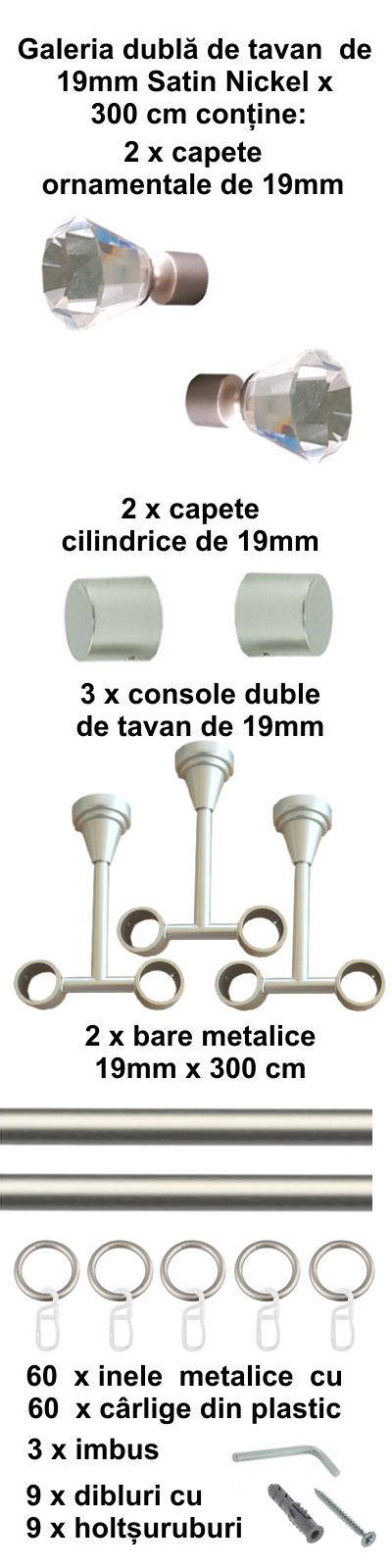 Galerie metalica Cristal dubla de tavan 19 mm, satin nichel (argintiu mat) - imagine 6