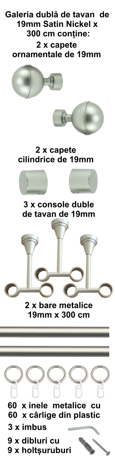 Galerie metalica Kalisto dubla de tavan 19 mm, satin nichel (argintiu mat) - imagine 6