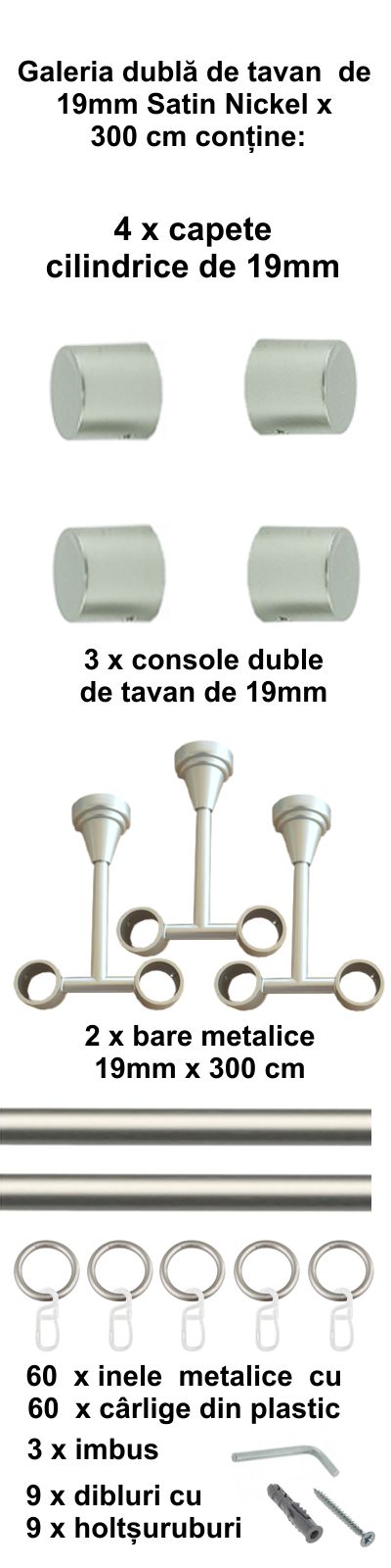 Galerie metalica Luna dubla de tavan 19 mm, satin nichel (argintiu mat) - imagine 6