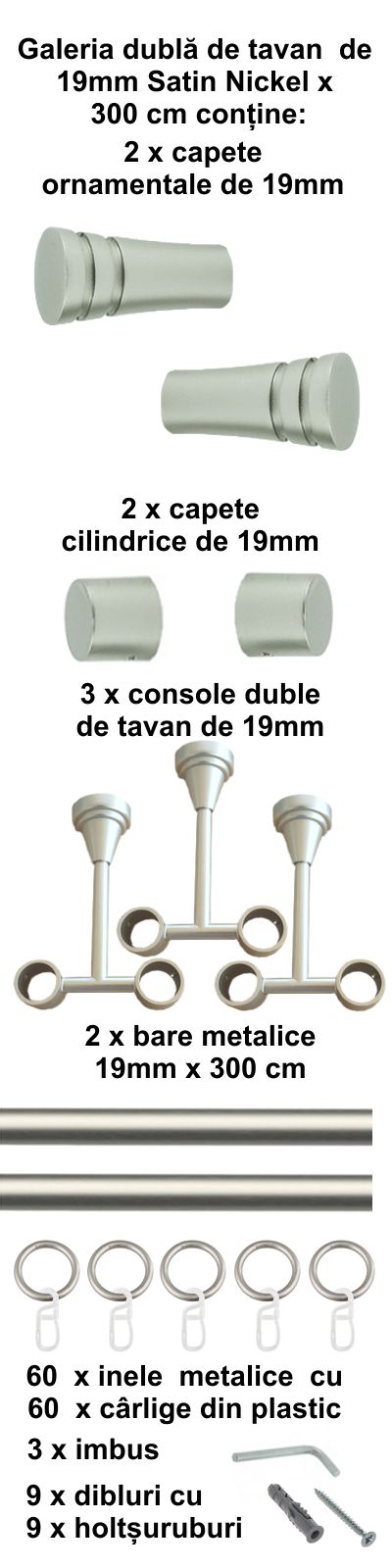 Galerie metalica Paola dubla de tavan 19 mm, satin nichel (argintiu mat) - imagine 6