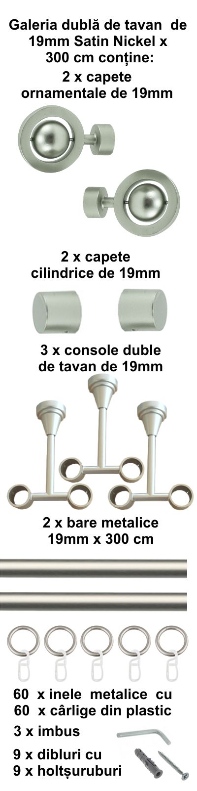Galerie metalica Seti dubla de tavan 19 mm, satin nichel (argintiu mat) - imagine 6