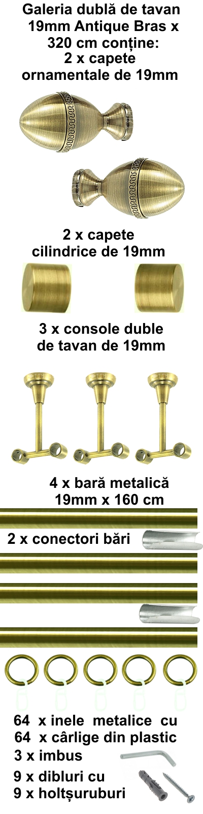 Galerie metalica Cezar dubla de tavan 19 mm, antique brass (auriu antic) - imagine 6