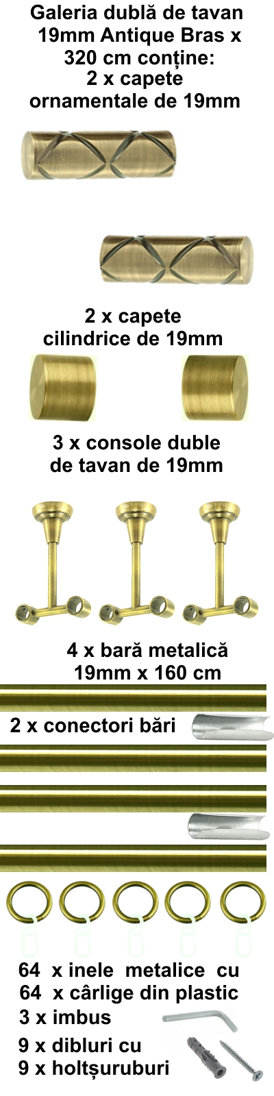 Galerie metalica Ciel dubla de tavan 19 mm, antique brass (auriu antic) - imagine 6