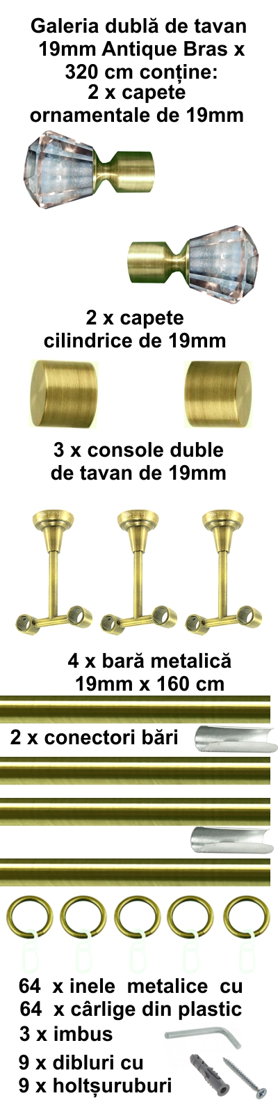 Galerie metalica Cristal dubla de tavan 19 mm, antique brass (auriu antic) - imagine 6