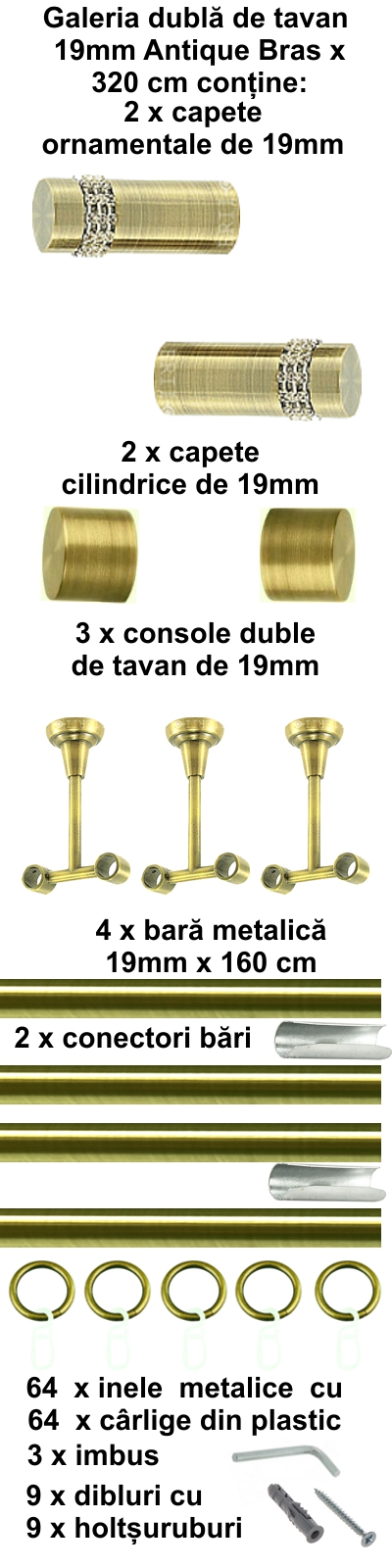 Galerie metalica Dios dubla de tavan 19 mm, antique brass (auriu antic) - imagine 6