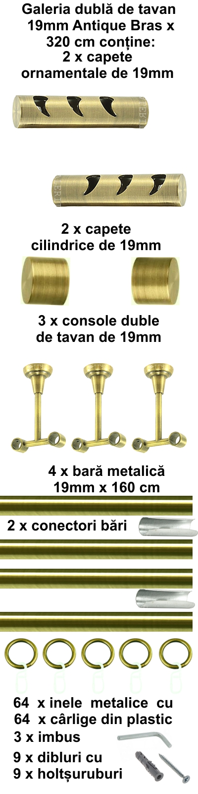 Galerie metalica Drop dubla de tavan 19 mm, antique brass (auriu antic) - imagine 6