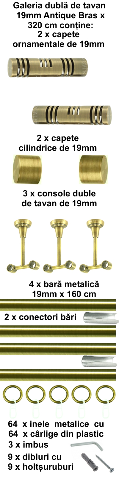 Galerie metalica Elis dubla de tavan 19 mm, antique brass (auriu antic) - imagine 6