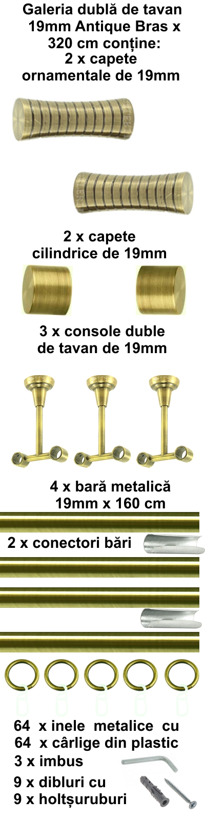 Galerie metalica Febris dubla de tavan 19 mm, antique brass (auriu antic) - imagine 6