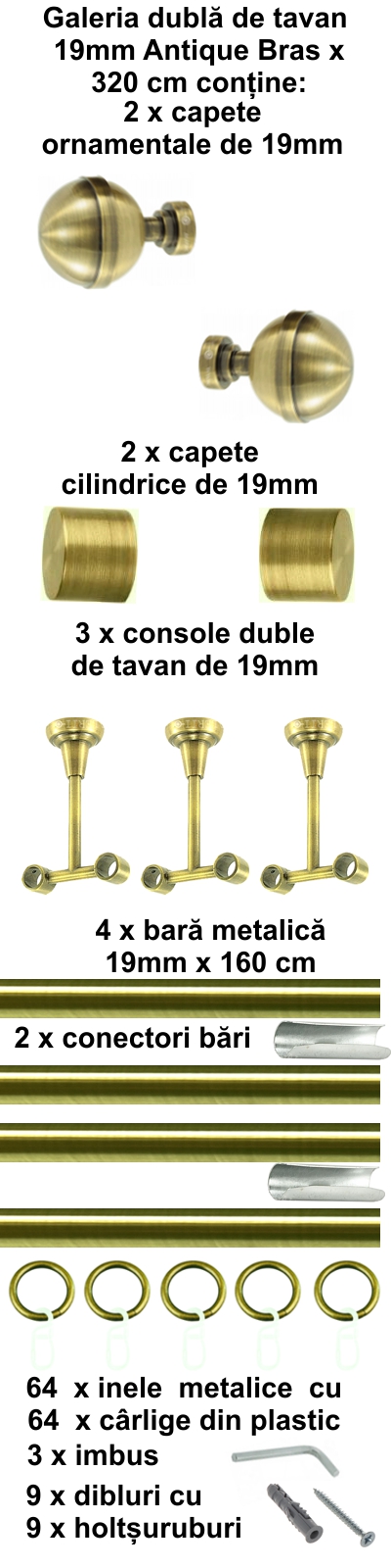 Galerie metalica Kalisto dubla de tavan 19 mm, antique brass (auriu antic) - imagine 6
