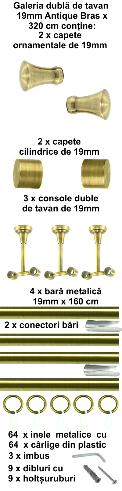 Galerie metalica Monaco dubla de tavan 19 mm, antique brass (auriu antic) - imagine 6