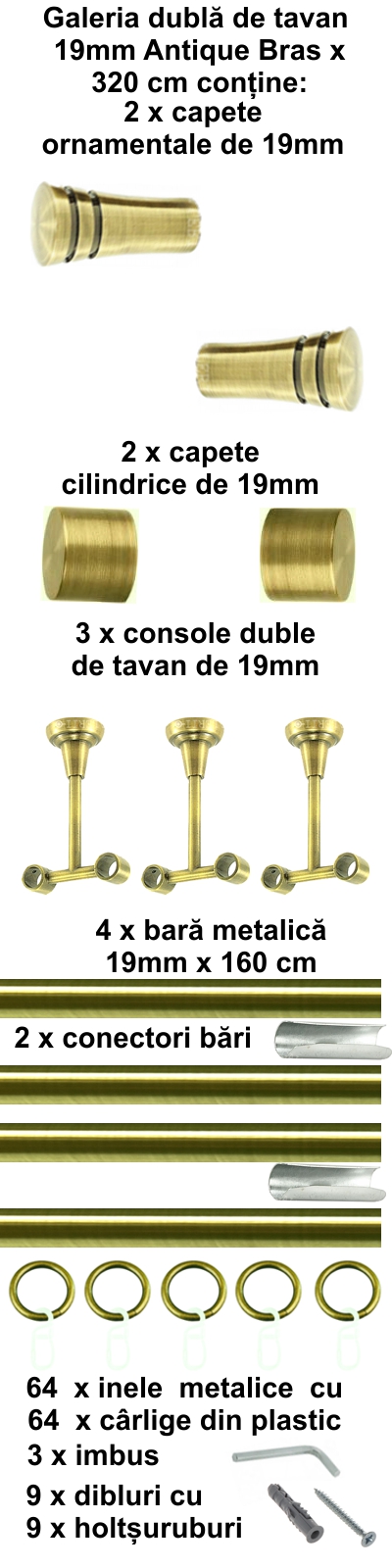Galerie metalica Paola dubla de tavan 19 mm, antique brass (auriu antic) - imagine 6