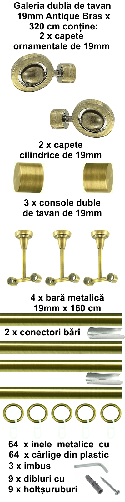 Galerie metalica Seti dubla de tavan 19 mm, antique brass (auriu antic) - imagine 8