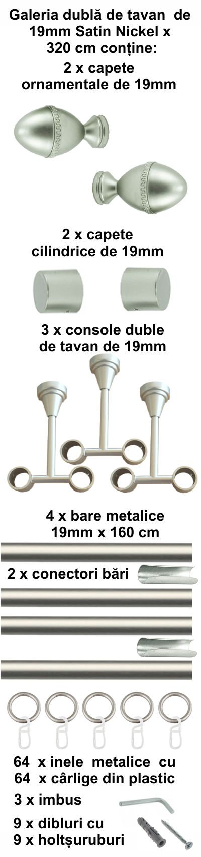 Galerie metalica Cezar dubla de tavan 19 mm, satin nichel (argintiu mat) - imagine 7