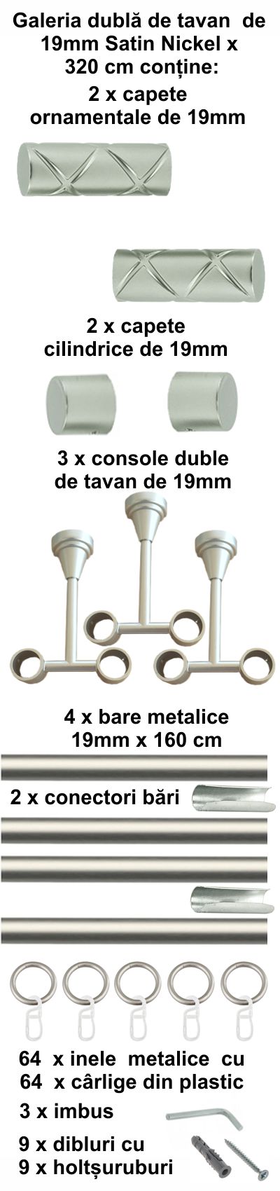 Galerie metalica Ciel dubla de tavan 19 mm, satin nichel (argintiu mat) - imagine 7