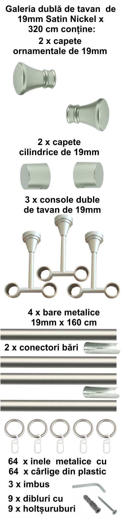 Galerie metalica Conic dubla de tavan 19 mm, satin nichel (argintiu mat) - imagine 7