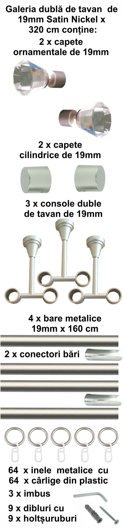 Galerie metalica Cristal dubla de tavan 19 mm, satin nichel (argintiu mat) - imagine 7