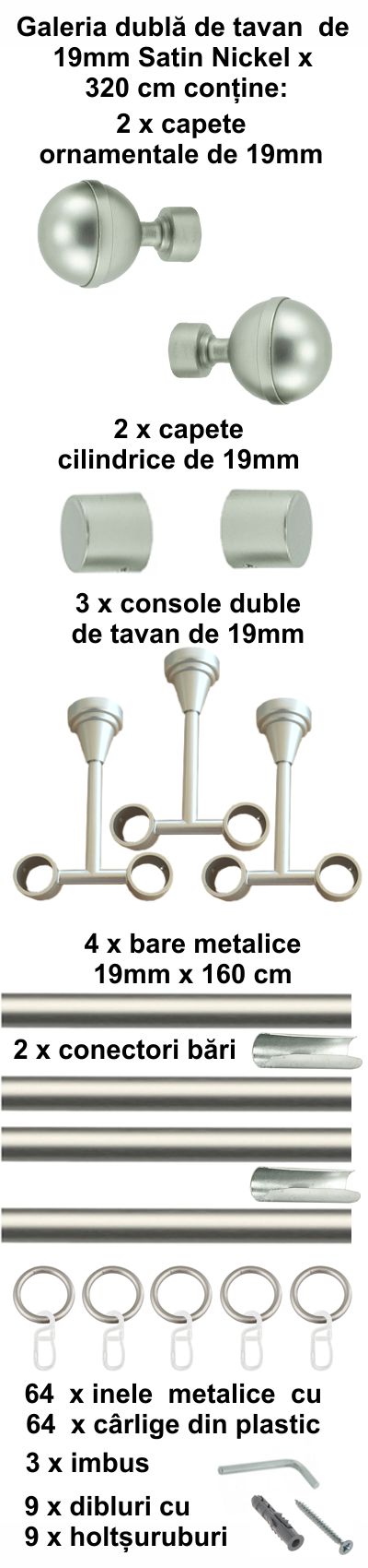 Galerie metalica Kalisto dubla de tavan 19 mm, satin nichel (argintiu mat) - imagine 7