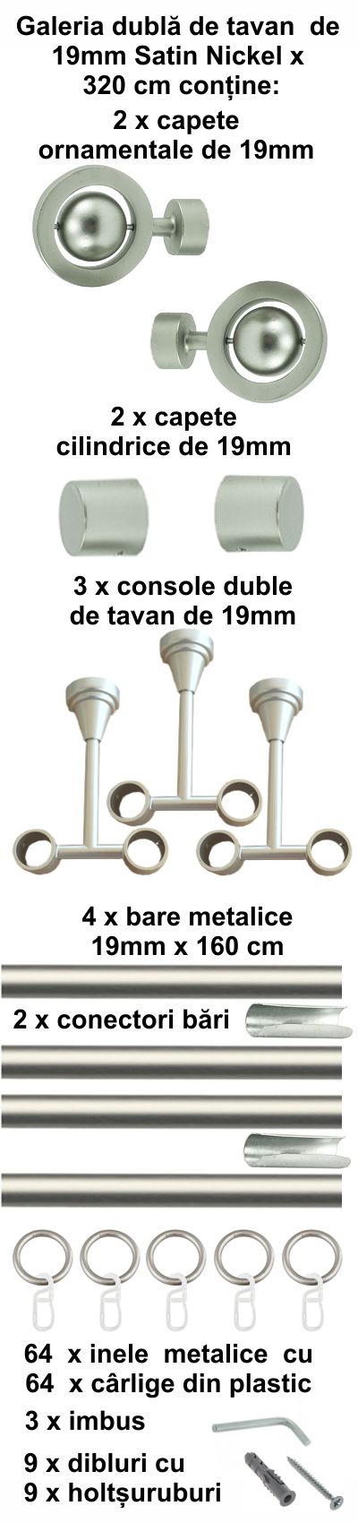 Galerie metalica Seti dubla de tavan 19 mm, satin nichel (argintiu mat) - imagine 7