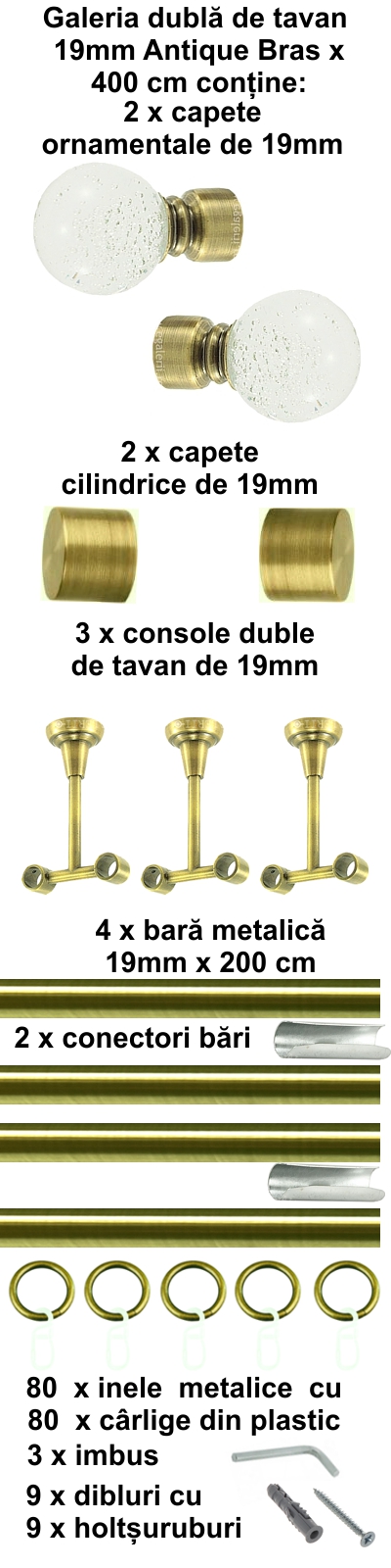 Galerie metalica Buble dubla de tavan 19 mm, antique brass (auriu antic) - imagine 8