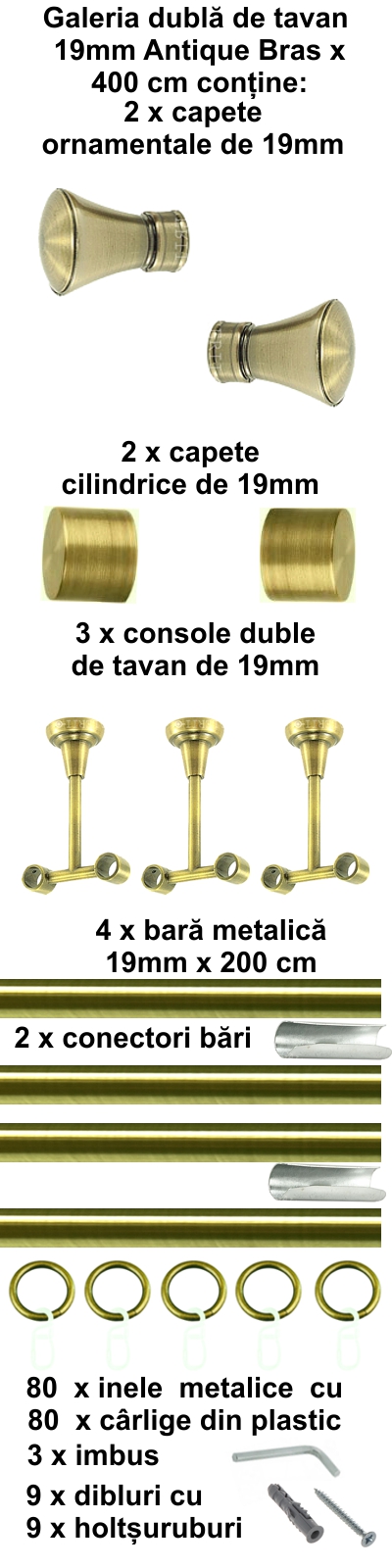 Galerie metalica Conic dubla de tavan 19 mm, antique brass (auriu antic) - imagine 8