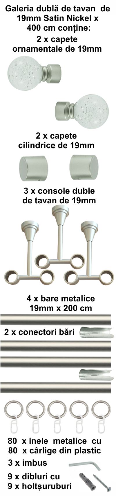 Galerie metalica Buble dubla de tavan 19 mm, satin nichel (argintiu mat) - imagine 8