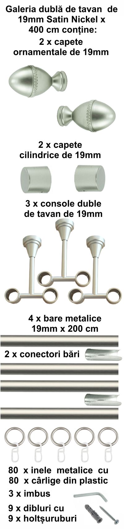 Galerie metalica Cezar dubla de tavan 19 mm, satin nichel (argintiu mat) - imagine 8