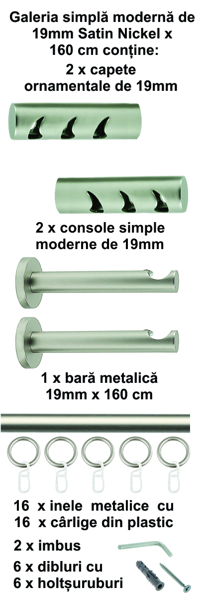 Galerie metalica Drop simpla moderna 19 mm, satin nichel (argintiu mat) - imagine 2