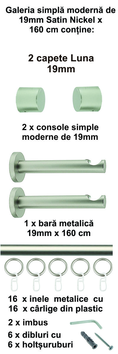 Galerie metalica Luna moderna 19 mm, satin nichel (argintiu mat) - imagine 2