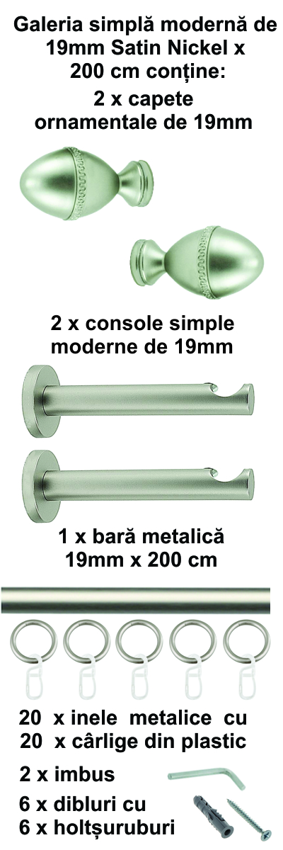 Galerie metalica Cezar simpla moderna 19 mm, satin nichel (argintiu mat) - imagine 5