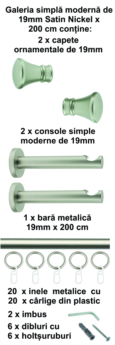 Galerie metalica Conic simpla moderna 19 mm, satin nichel (argintiu mat) - imagine 5