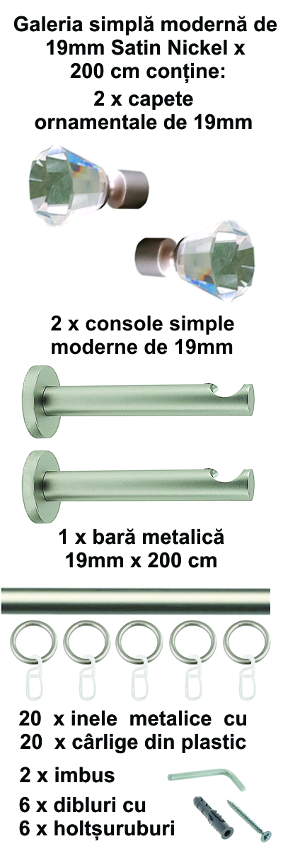 Galerie metalica Cristal simpla moderna 19 mm, satin nichel (argintiu mat) - imagine 5